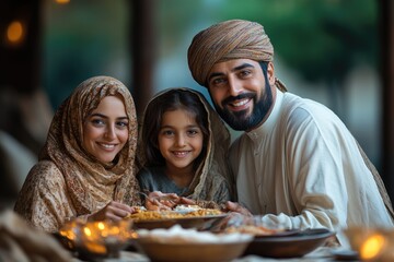 Muslim family breaking fast together at iftar