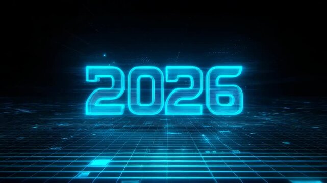 Futuristic digital 2026 in neon blue lights