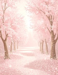Pastel pink cherry blossom forest path