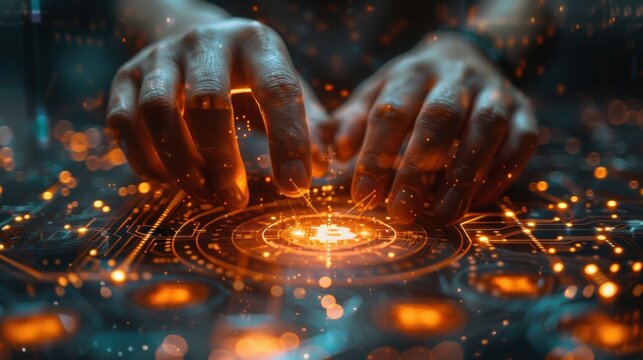 Hands interacting with glowing futuristic interface with circuitry and lights