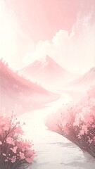 Pastel pink landscape with a winding river