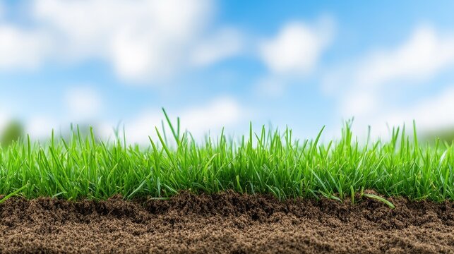 A vibrant green grass field highlights uneven earth beneath a bright blue sky and distant farm landscape