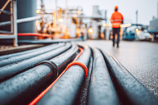 The image shows industrial pipes on a wet surface with a worker in the background, highlighting an operational environment in a factory or processing site.