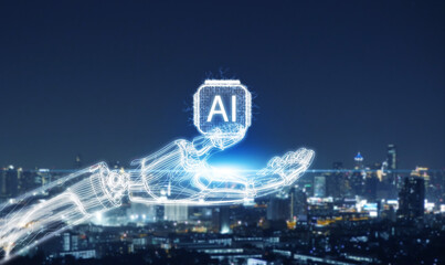 Futuristic digital robotic hand holding an AI icon above modern city skyline at night, symbolizing...