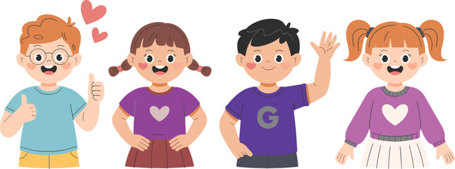 Cartoon children standing side by side, cheerful expressions, colorful outfits, heart symbols, diverse gestures, happy mood, white background, youth scene