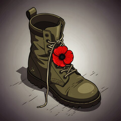 Illustration of a combat boot adorned with a red poppy, symbolizing remembrance and sacrifice.