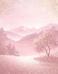 Pastel pink mountain landscape with glitter