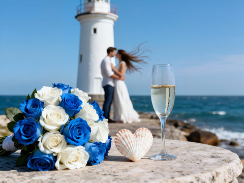 A bouquet of blue and white roses, a seashell heart, and champagne on a seaside table. A couple is embracing near a lighthouse on a sunny day.