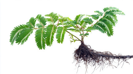 A mimosa pudica plant with roots exposed against a white background.