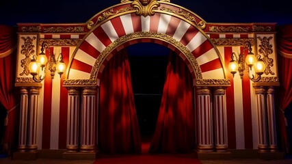 Ornate stage entrance with red curtain and classic architectural design - Powered by Adobe