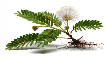 Mimosa pudica branch with green leaves, pink flower, buds, and roots, isolated on a white background.