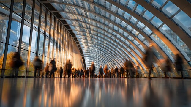 People walking through a modern, arched glass and steel walkway with blurred motion and warm reflections.