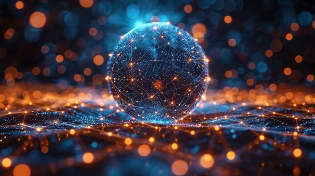 Glowing sphere connected by lines with orange and blue bokeh light background