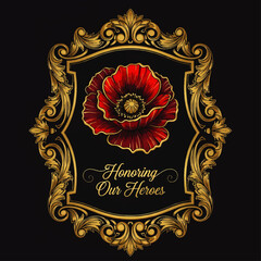 Ornate gold frame containing a vibrant red poppy and the text "Honoring Our Heroes" on a dark background.