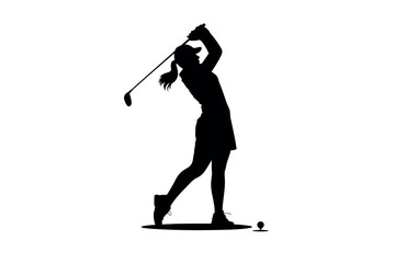 Silhouette of a woman playing golf, swinging a club with focus and determination.