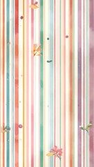 Pastel striped background with floating leaves and flowers.  Delicate, airy design