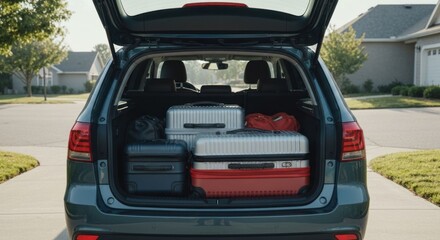 Fototapeta premium Car trunk open, filled with luggage, parked in front of houses