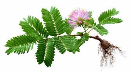 Mimosa pudica branch with green leaves, pink flower, buds, and roots, isolated on a white background.