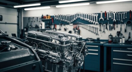 Chrome engine in a garage with tools hanging on the wall