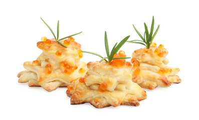 Tasty snacks with puff pastry, red caviar and rosemary isolated on white. Christmas appetizer