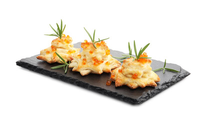 Tasty snacks with puff pastry, red caviar and rosemary isolated on white. Christmas appetizer