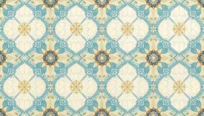 Ornate tile pattern in light blue, beige, and cream