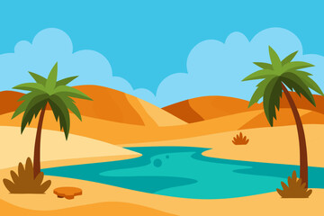 Obraz premium Cartoon desert oasis palm grove vector illustration