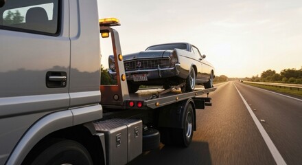 Classic car on a flatbed tow truck traveling along a highway at sunset