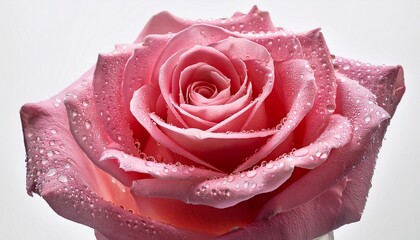 close up of a vibrant pink rose adorned with water droplets against a white background