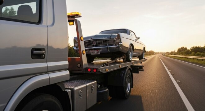 Classic car on a flatbed tow truck traveling along a highway at sunset