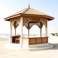 Ornate wooden gazebo overlooking water