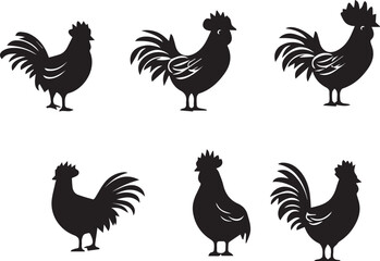 Set of Proud Rooster silhouette vector icons on white background