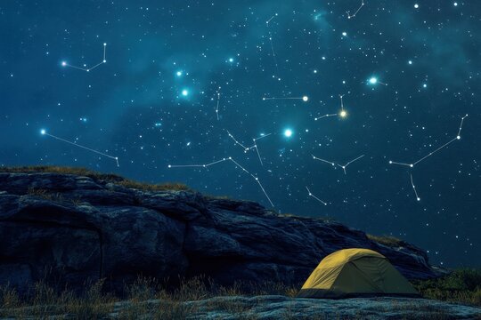 Camping under a starry night sky with constellations visible near a rocky outcrop