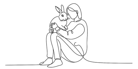 Continuous line art illustration of a person holding a rabbit in a single fluid stroke vector