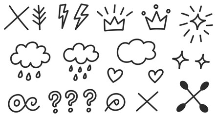 Collection Of Hand Drawn Doodle Icons Including Lightning Bolt Crown And Clouds Keywords: doodle, icon, set, hand drawn, drawing, illustration