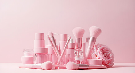A collection of pink makeup products and brushes arranged aesthetically on a soft pink background