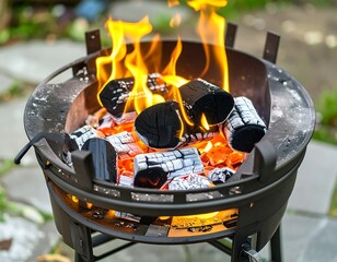 Outdoor charcoal grill with flames