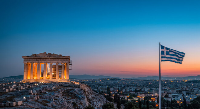 Acropolis of Athens at Sunset with Greek Flag