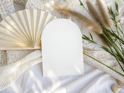 Boho Arch Card Mockup with Neutral Textiles and Dried Grass Aesthetic