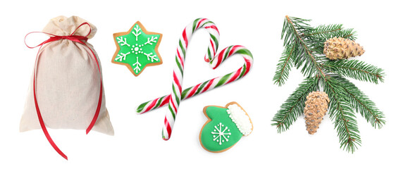 Christmas candy canes, gingerbread cookies, bag and fir tree branches isolated on white, set