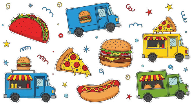 Street Food Trucks and Snacks Cartoon Vector Illustration with Burgers Tacos and Pizza