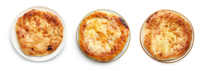 Delicious Megrelian khachapuri isolated on white, set. Top view