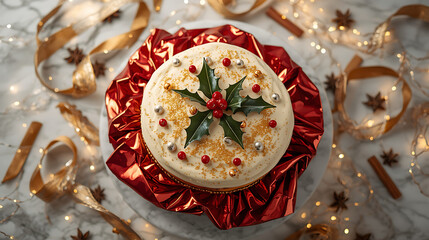 Christmas cake with white icing holly leaves red berries and golden sprinkles on festive table