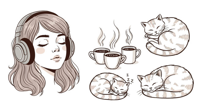Girl listening to music with cats relaxing with coffee tea aesthetic illustration
