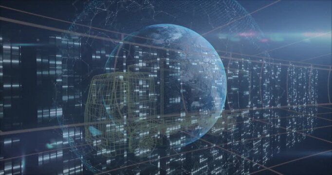 Glowing data blocks sparking wireframe truck fading, globe rotating, beams sweeping showing network
