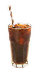 Refreshing cold iced coffee americfno a tell glass isolated on white background.