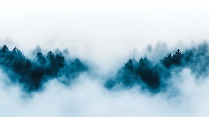 A serene landscape featuring dark trees emerging from a sea of mist, creating an ethereal and tranquil atmosphere.
