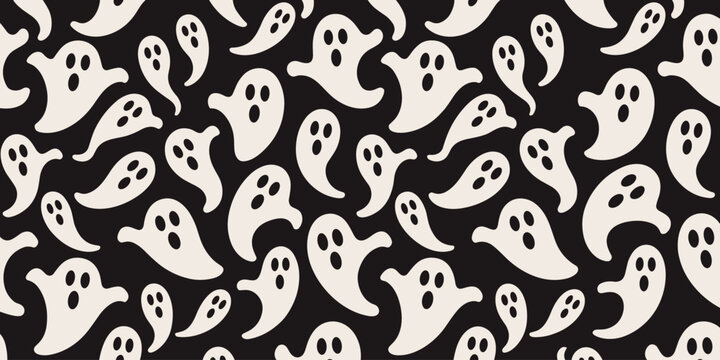 Seamless Pattern of Cute White Ghosts on a Black Background for Halloween spooky scary