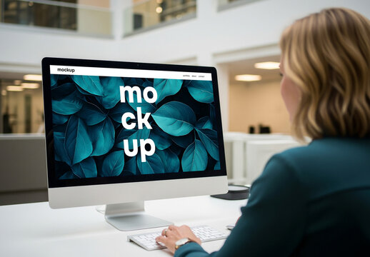 A woman using a desktop pc at the office mockup