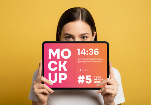 A woman holding a tablet pc mockup